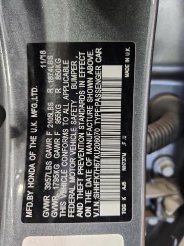 SHHFK7H67KU206070 - 2019 HONDA CIVIC EX GRAY photo 12