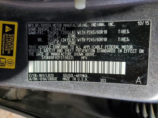 5TDKKRFH2FS118335 - 2015 TOYOTA HIGHLANDER XLE GRAY photo 13