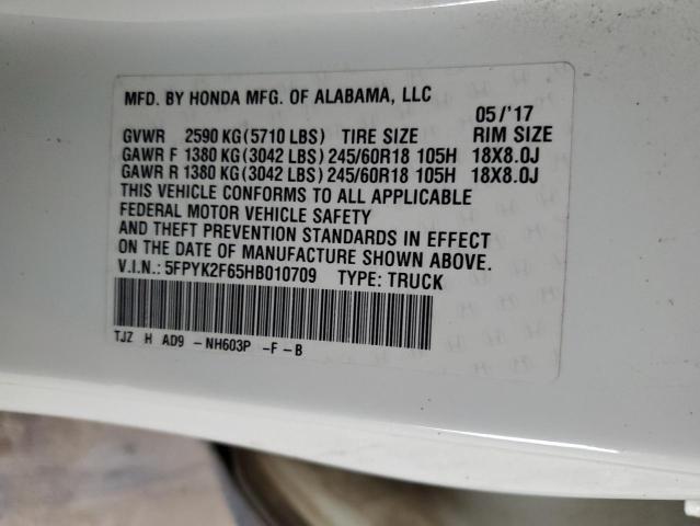 5FPYK2F65HB010709 - 2017 HONDA RIDGELINE RTL WHITE photo 13