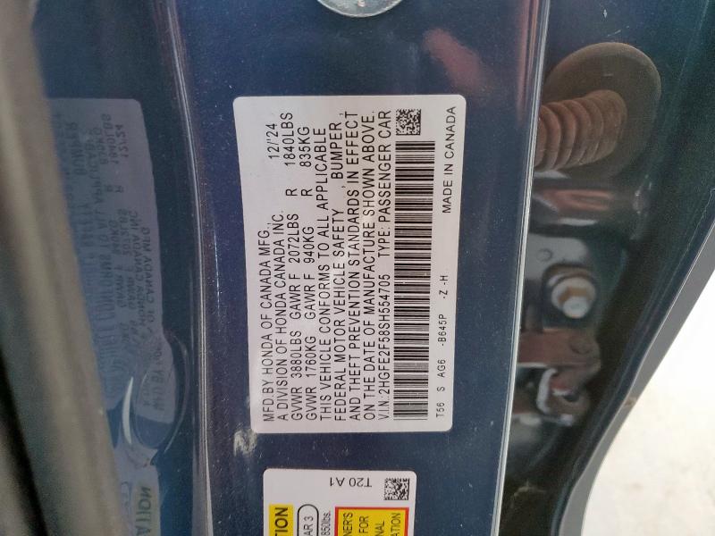 2HGFE2F58SH554705 - 2025 HONDA CIVIC SPORT BLUE photo 12