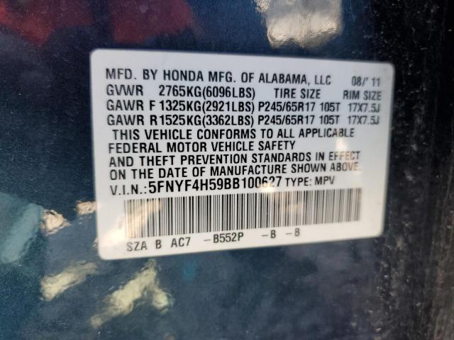 5FNYF4H59BB100627 - 2011 HONDA PILOT EXL BLUE photo 13