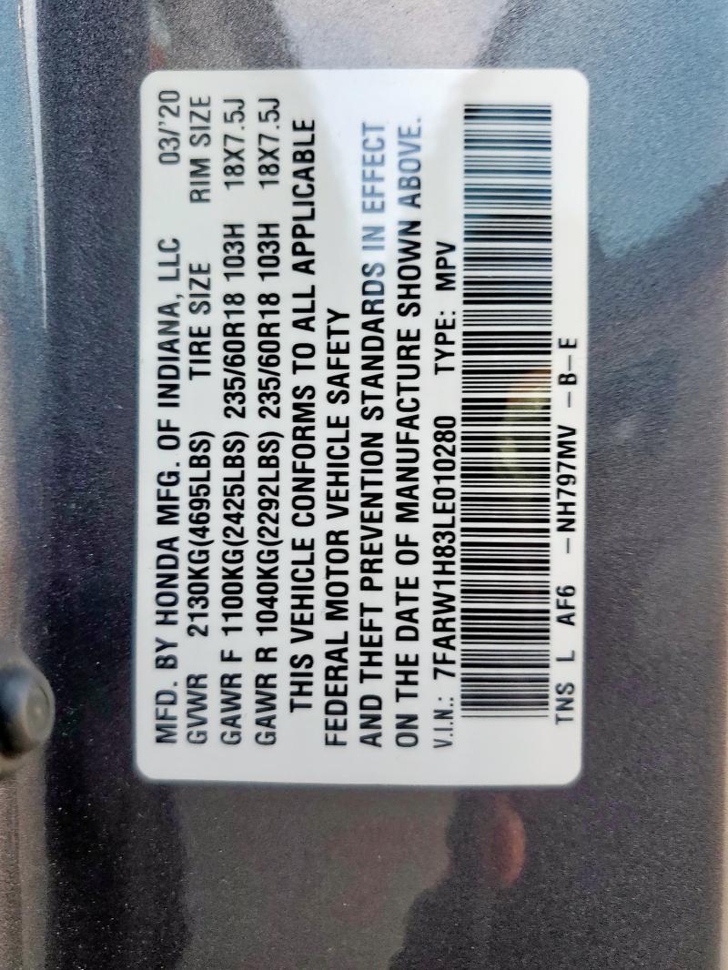 7FARW1H83LE010280 - 2020 HONDA CR-V EXL GRAY photo 13