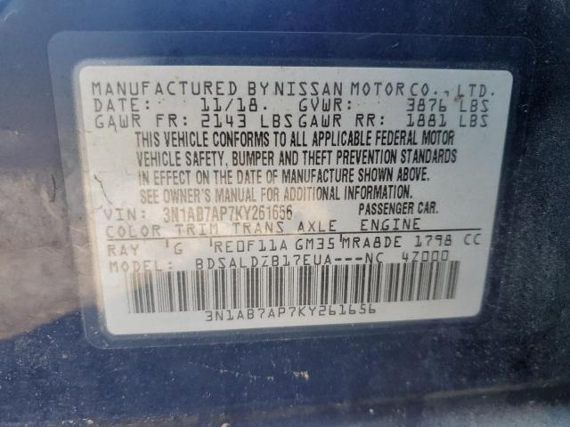 3N1AB7AP7KY261656 - 2019 NISSAN SENTRA S 蓝色 照片 12