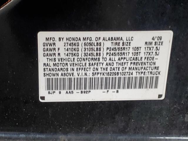 5FPYK16209B102724 - 2009 HONDA RIDGELINE RT BLACK photo 12