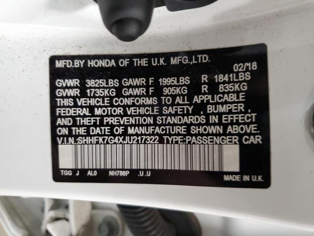 SHHFK7G4XJU217322 - 2018 HONDA CIVIC SPORT WHITE photo 13