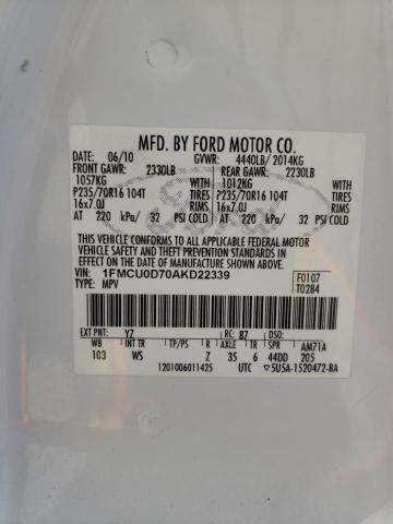 1FMCU0D70AKD22339 - 2010 FORD ESCAPE XLT WHITE photo 13