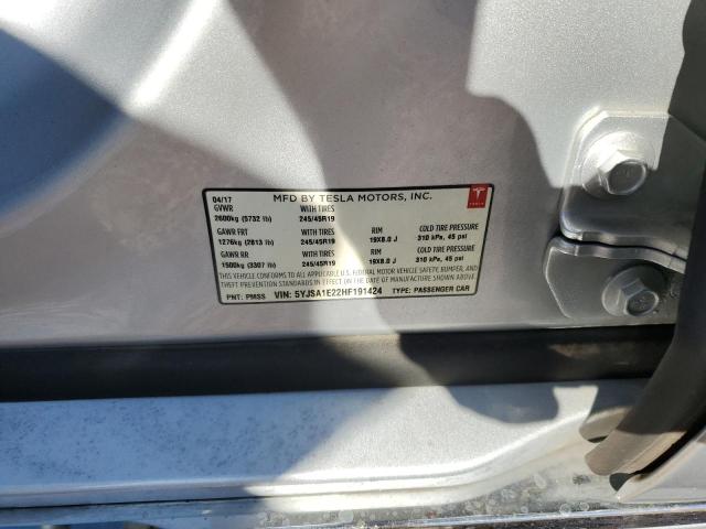 5YJSA1E22HF191424 - 2017 TESLA MODEL S SILVER photo 12