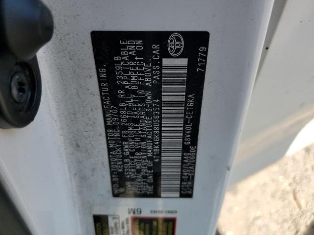 4T1BK46K88U563574 - 2008 TOYOTA CAMRY LE WHITE photo 12