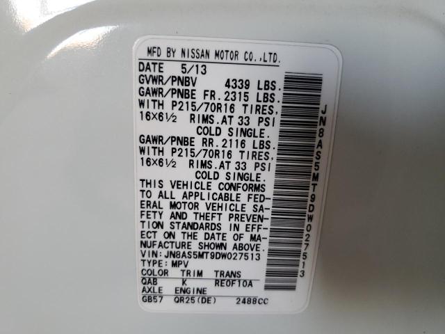 JN8AS5MT9DW027513 - 2013 NISS ROGUE S 白色 照片 12