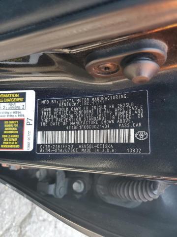 4T1BF1FK8CU021404 - 2012 TOYOTA CAMRY BASE BLACK photo 12