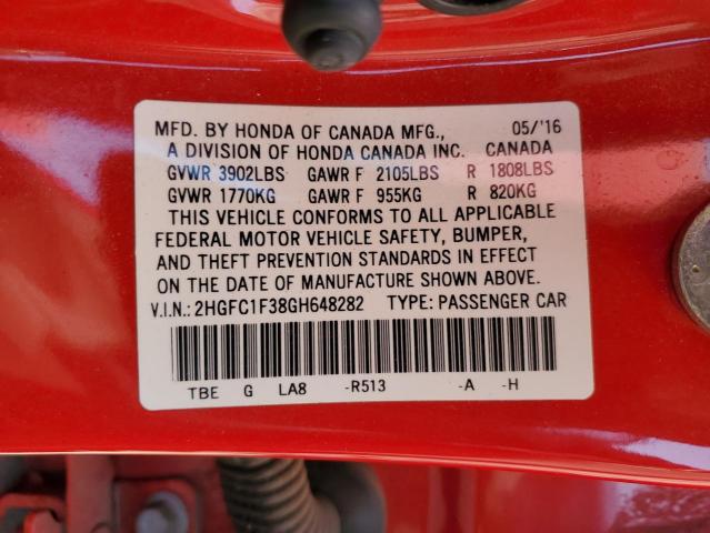 2HGFC1F38GH648282 - 2016 HONDA CIVIC EX RED photo 13