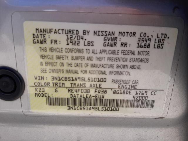 3N1CB51A95L510100 - 2005 NISSAN SENTRA 1.8S SILVER photo 13