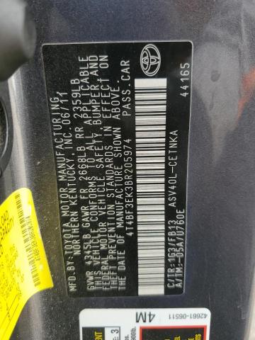 4T4BF3EK3BR205974 - 2011 TOYOTA CAMRY BASE GRAY photo 12