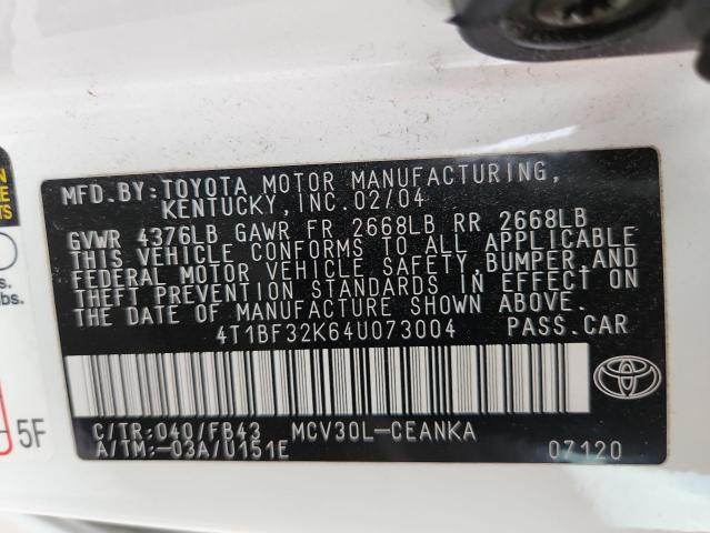 4T1BF32K64U073004 - 2004 TOYOTA CAMRY LE WHITE photo 12