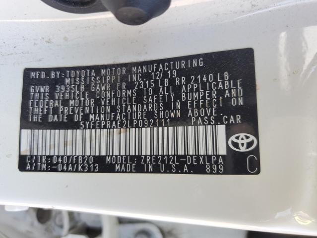 5YFEPRAE2LP092111 - 2020 TOYOTA COROLLA LE თეთრი ფოტო 12