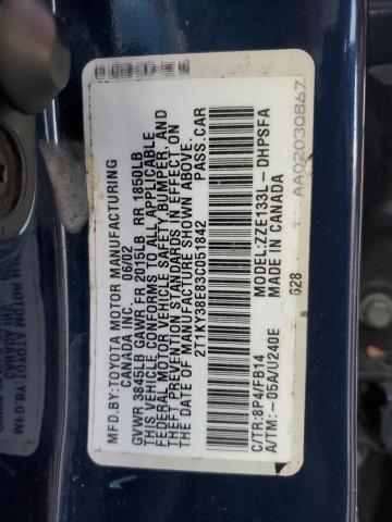 2T1KY38E83C051842 - 2003 TOYOTA COROLLA MA XRS BLUE photo 12