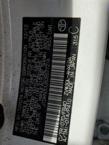 JTDKN3DUXD5577216 - 2013 TOYOTA PRIUS თეთრი ფოტო 12