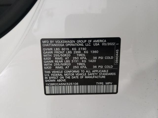 1V2BR2CA5NC525106 - 2022 VOLKSWAGEN ATLAS SEL WHITE photo 13