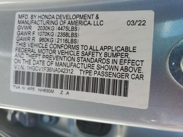 1HGCV1F36NA042312 - 2022 HONDA ACCORD SPORT 银色 照片 12