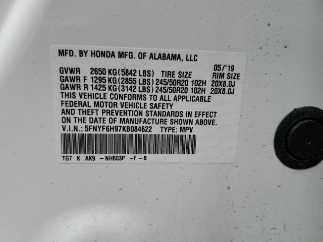 5FNYF6H97KB084622 - 2019 HONDA PILOT TOURING WHITE photo 13