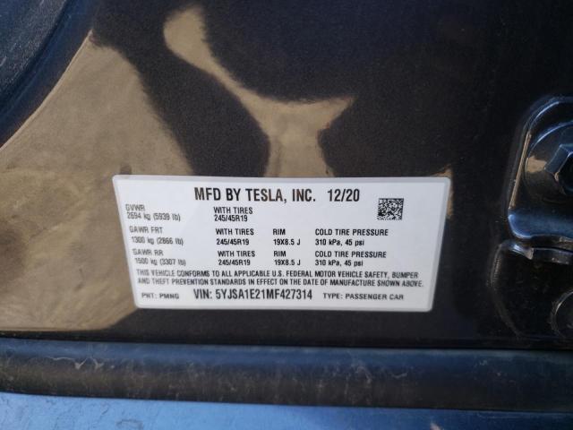 5YJSA1E21MF427314 - 2021 TESLA MODEL S Գրաֆիտ լուսանկար 12