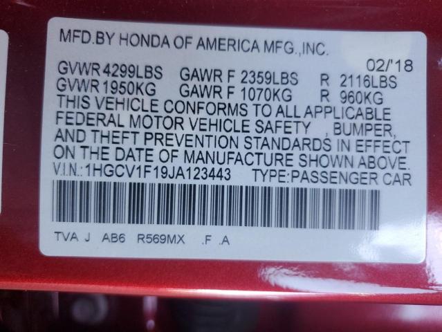 1HGCV1F19JA123443 - 2018 HONDA ACCORD LX RED photo 12