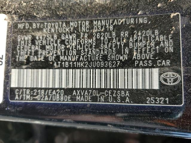 4T1B11HK2JU093627 - 2018 TOYOTA CAMRY L BLACK photo 13