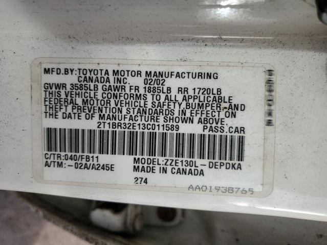 2T1BR32E13C011589 - 2003 TOYOTA COROLLA CE WHITE photo 13