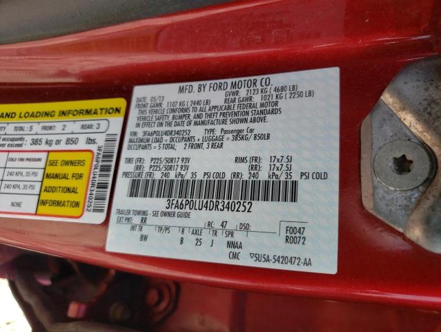 3FA6P0LU4DR340252 - 2013 FORD FUSION SE HYBRID RED photo 12