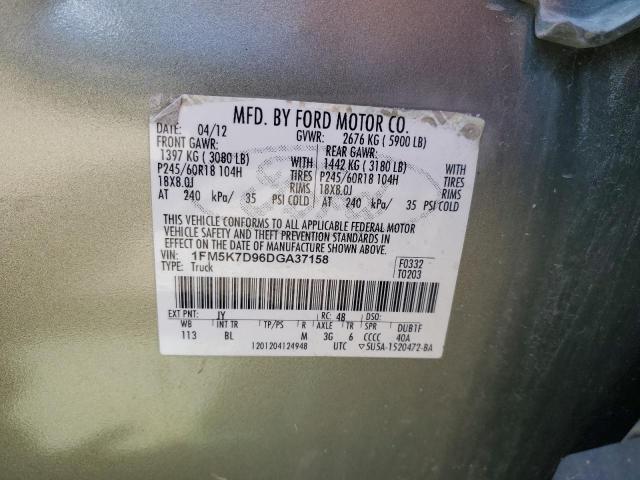 1FM5K7D96DGA37158 - 2013 FORD EXPLORER XLT მწვანე ფოტო 13