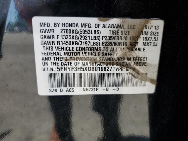 5FNYF3H5XDB019827 - 2013 HONDA PILOT EXL 黑色 照片 13