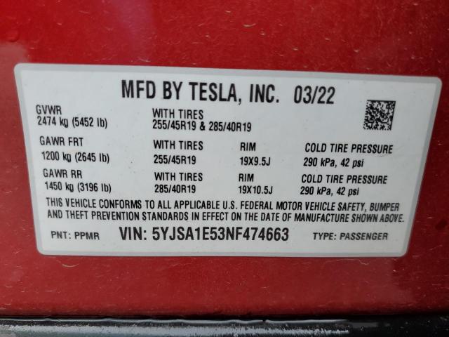5YJSA1E53NF474663 - 2022 TESLA MODEL S Կարմիր լուսանկար 12