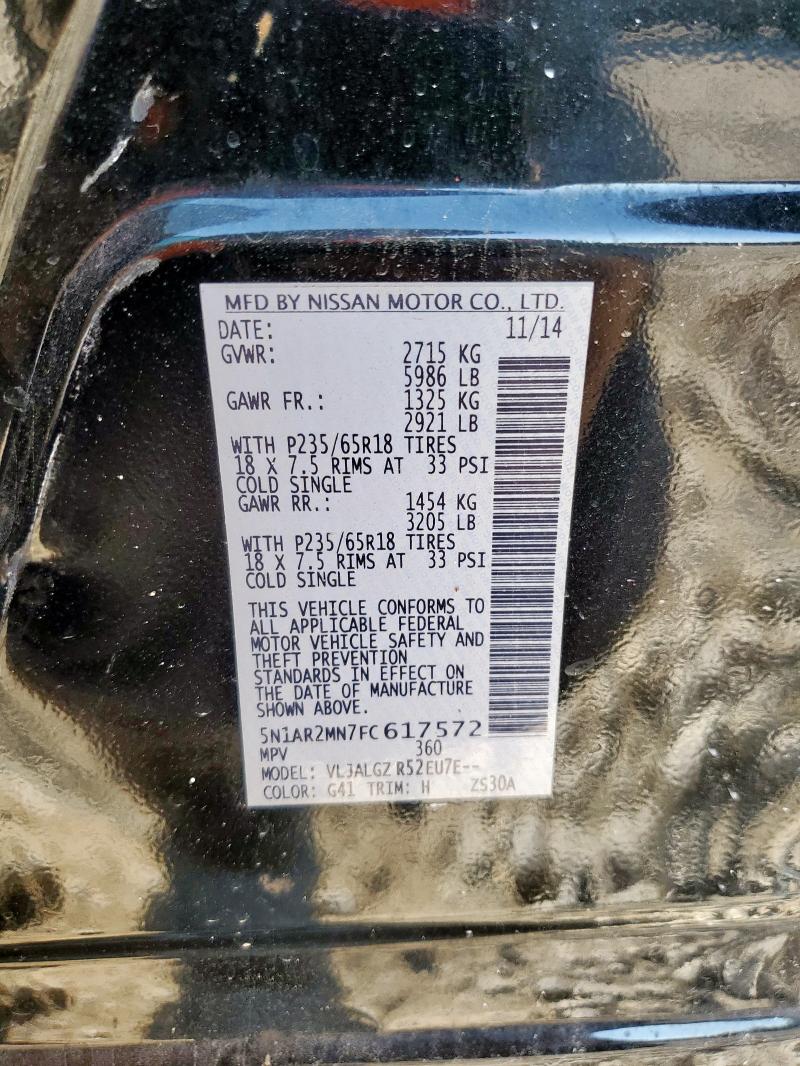 5N1AR2MN7FC617572 - 2015 NISSAN PATHFINDER S შავი ფოტო 14