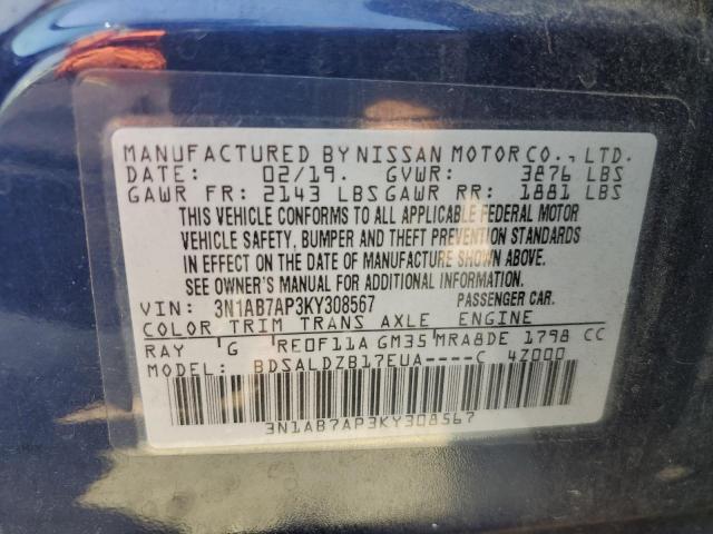 3N1AB7AP3KY308567 - 2019 NISSAN SENTRA S BLUE photo 12
