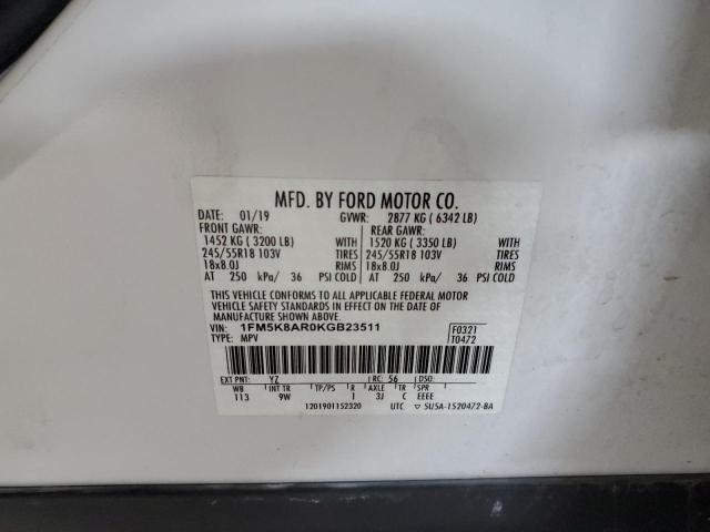 1FM5K8AR0KGB23511 - 2019 FORD EXPLORER POLICE INTERCEPTOR WHITE photo 12