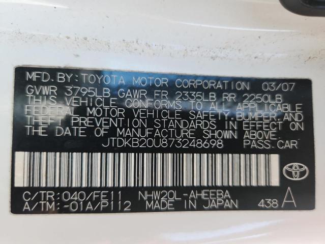 JTDKB20U873248698 - 2007 TOYOTA PRIUS WHITE photo 13