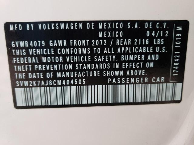 3VW2K7AJ8CM404505 - 2012 VOLKSWAGEN JETTA BASE 白色 照片 12