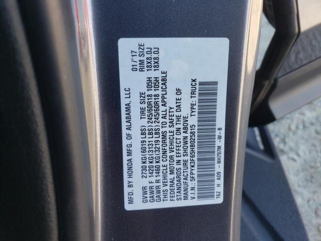 5FPYK3F65HB025815 - 2017 HONDA RIDGELINE RTL GRAY photo 12