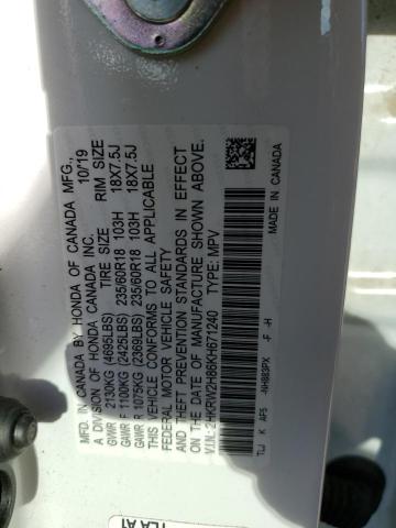 2HKRW2H86KH671240 - 2019 HONDA CR-V EXL WHITE photo 13