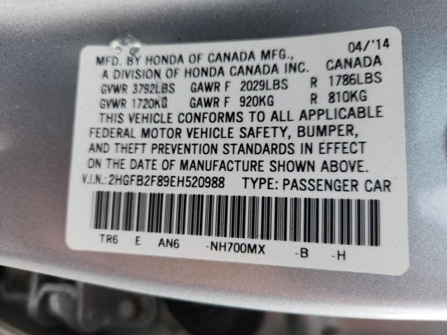 2HGFB2F89EH520988 - 2014 HONDA CIVIC EX SILVER photo 12