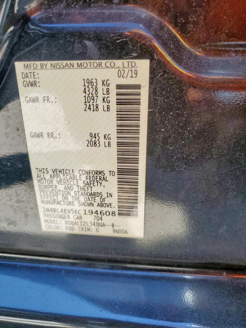 1N4BL4EV5KC194608 - 2019 NISSAN ALTIMA SL შავი ფოტო 13