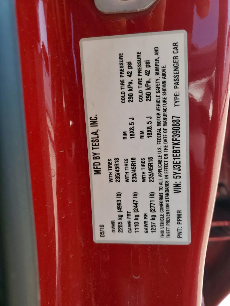 5YJ3E1EB7KF390887 - 2019 TESLA MODEL 3 Rouge photo 12