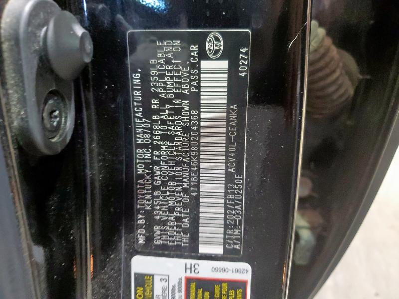 4T1BE46K98U204368 - 2008 TOYOTA CAMRY CE BLACK photo 12