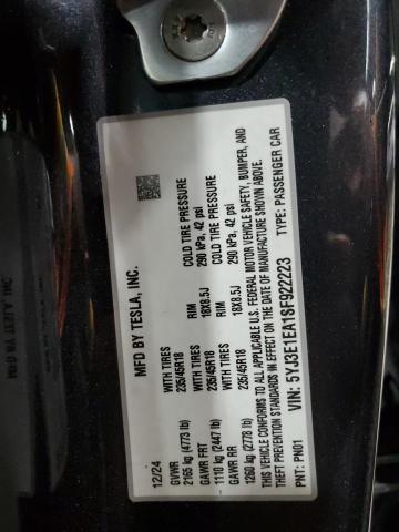 5YJ3E1EA1SF922223 - 2025 TESLA MODEL 3 灰色 照片 13