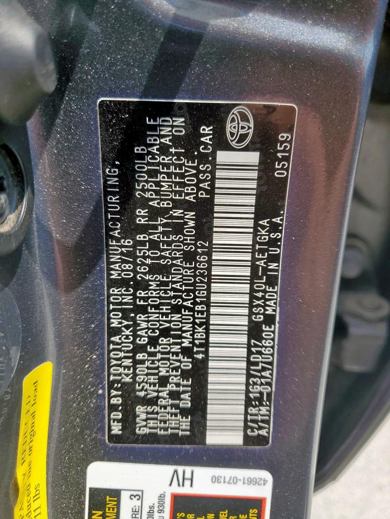 4T1BK1EB1GU236612 - 2016 TOYOTA AVALON XLE GRAY photo 12