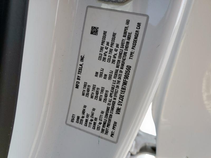 5YJ3E1EB7MF980560 - 2021 TESLA MODEL 3 WHITE photo 12