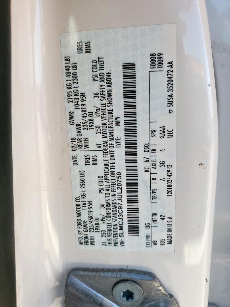 5LMCJ3C97JUL20750 - 2018 LINCOLN MKC RESERVE 白色 照片 13