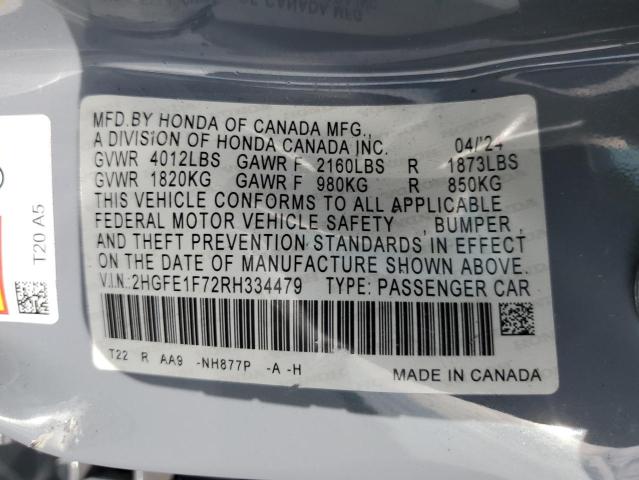 2HGFE1F72RH334479 - 2024 HONDA CIVIC EX ნაცრისფერი ფოტო 13