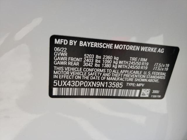 5UX43DP0XN9N13585 - 2022 BMW X3 SDRIVE30I WHITE photo 13