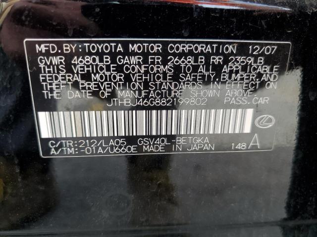 JTHBJ46G882199802 - 2008 LEXUS ES 350 BLACK photo 12